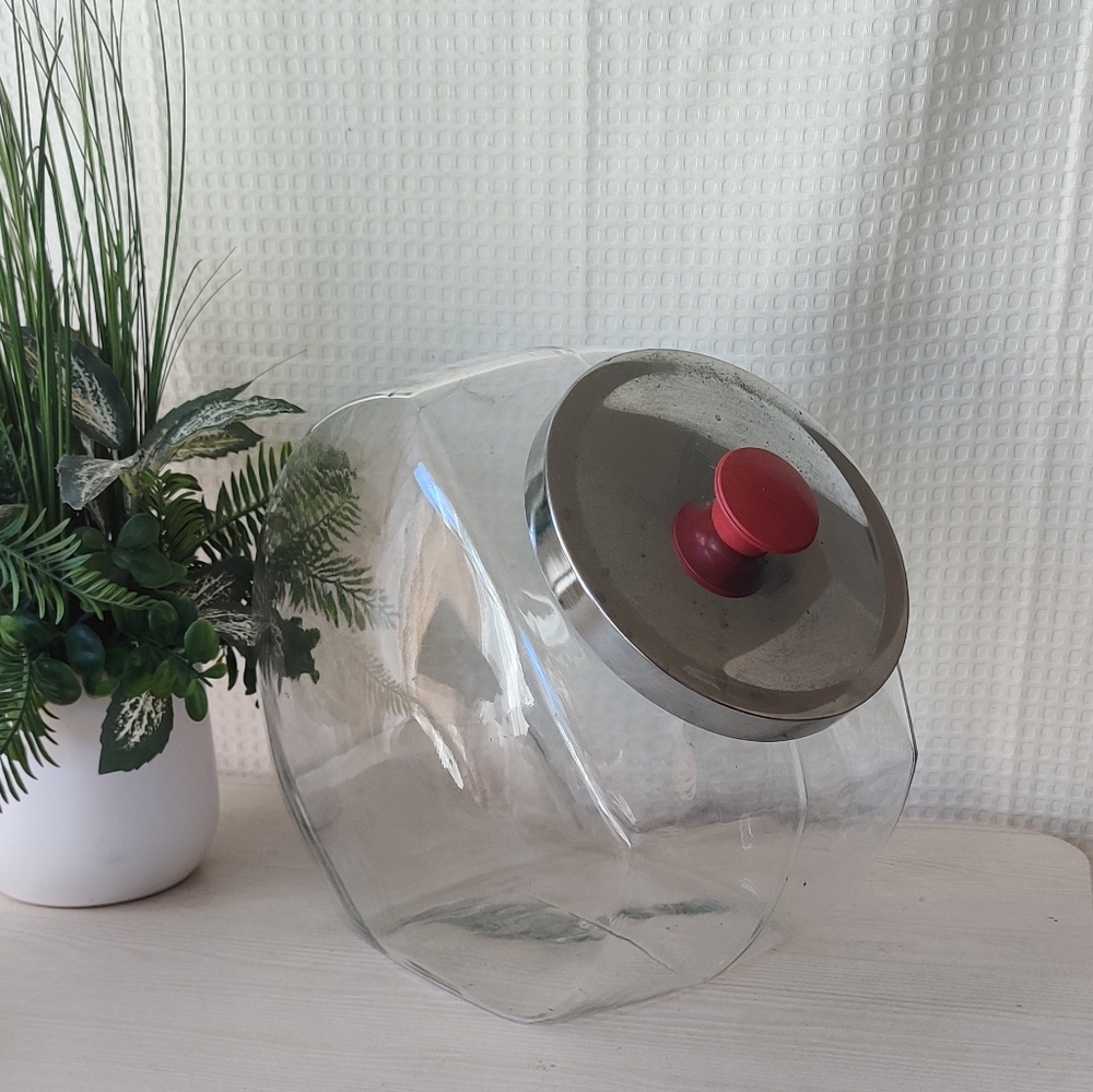 Vintage Large Clear Glass Storage Jar 10", w/Chrome Lid